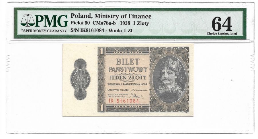 1 złoty 1938 r. - Bolesław Chrobry - Grading PMG 64 (K25)