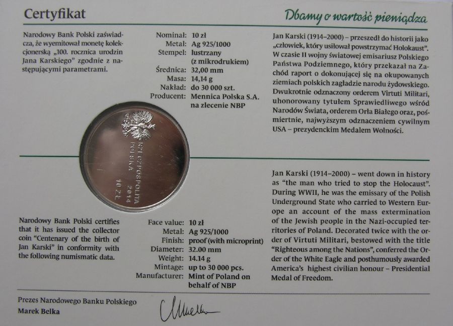 10 złotych - 100. rocznica urodzin Jana Karskiego