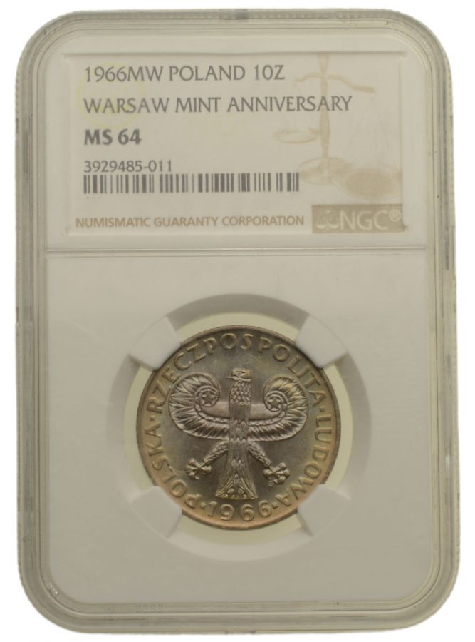 10 złotych 1966 r. - Mała Kolumna - Grading NGC MS64