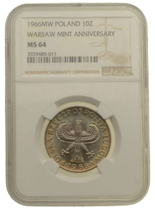 10 złotych 1966 r. - Mała Kolumna - Grading NGC MS64