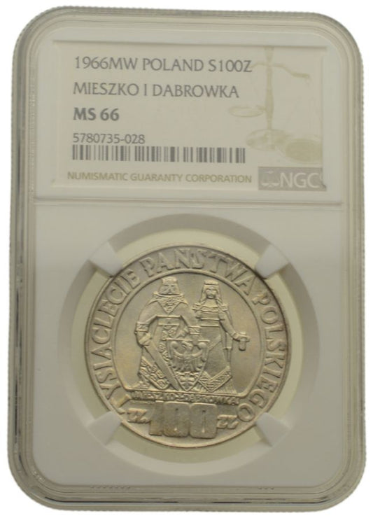 100 złotych 1966 r. - Mieszko i Dąbrówka - Grading NGC MS66