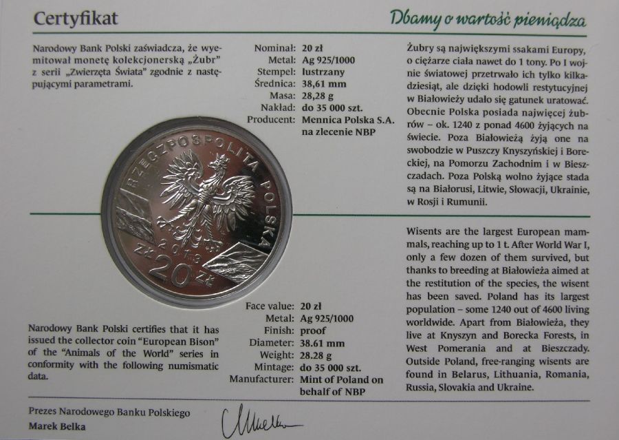 20 złotych - Zwierzęta świata - Żubr