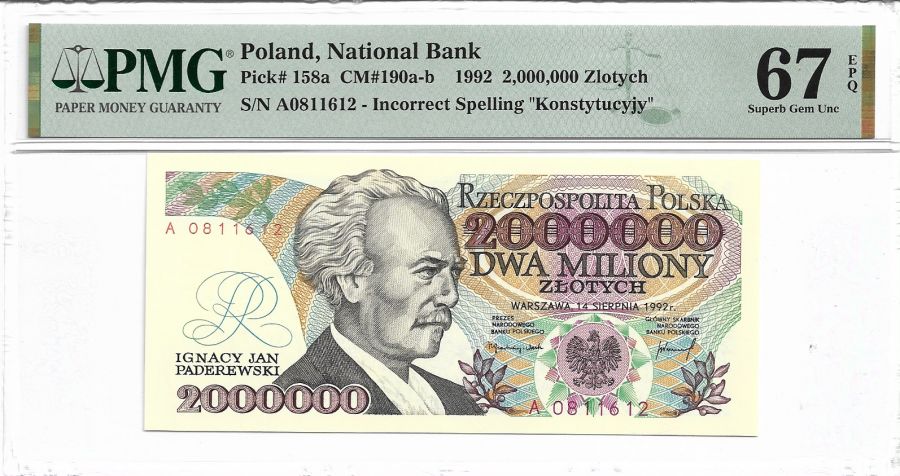 2000000 złotych 1992 r. - Ignacy Jan Paderewski - Seria A (z błędem) - PMG 67 EPQ