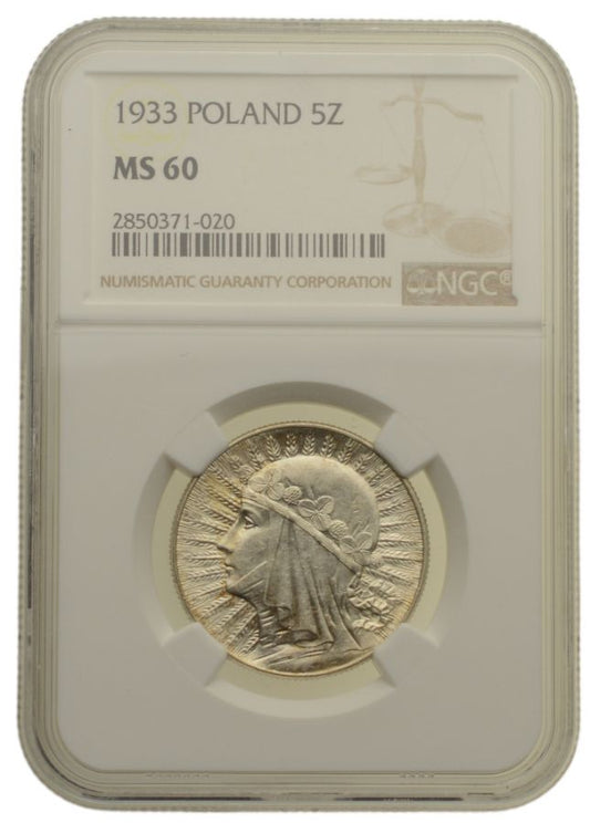 5 złotych 1933 r. - Głowa Kobiety - Grading NGC MS60 (K05)