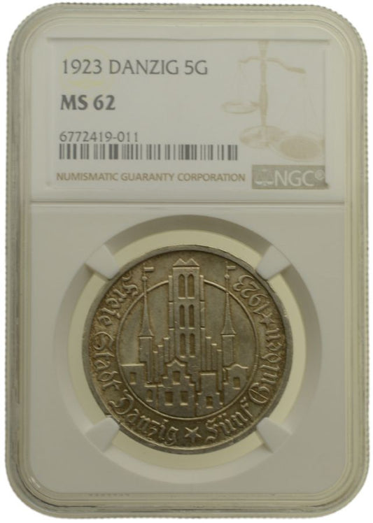 WMG - 5 Guldenów 1923 r. - Kościół Mariacki - Grading NGC MS62